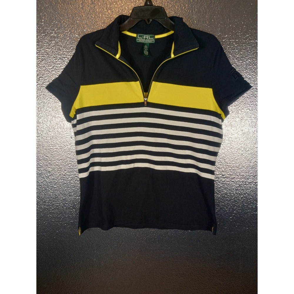 LRL Ralph Lauren Womens 1/4 Zip Golf Active Top Size Large Black Yellow Striped